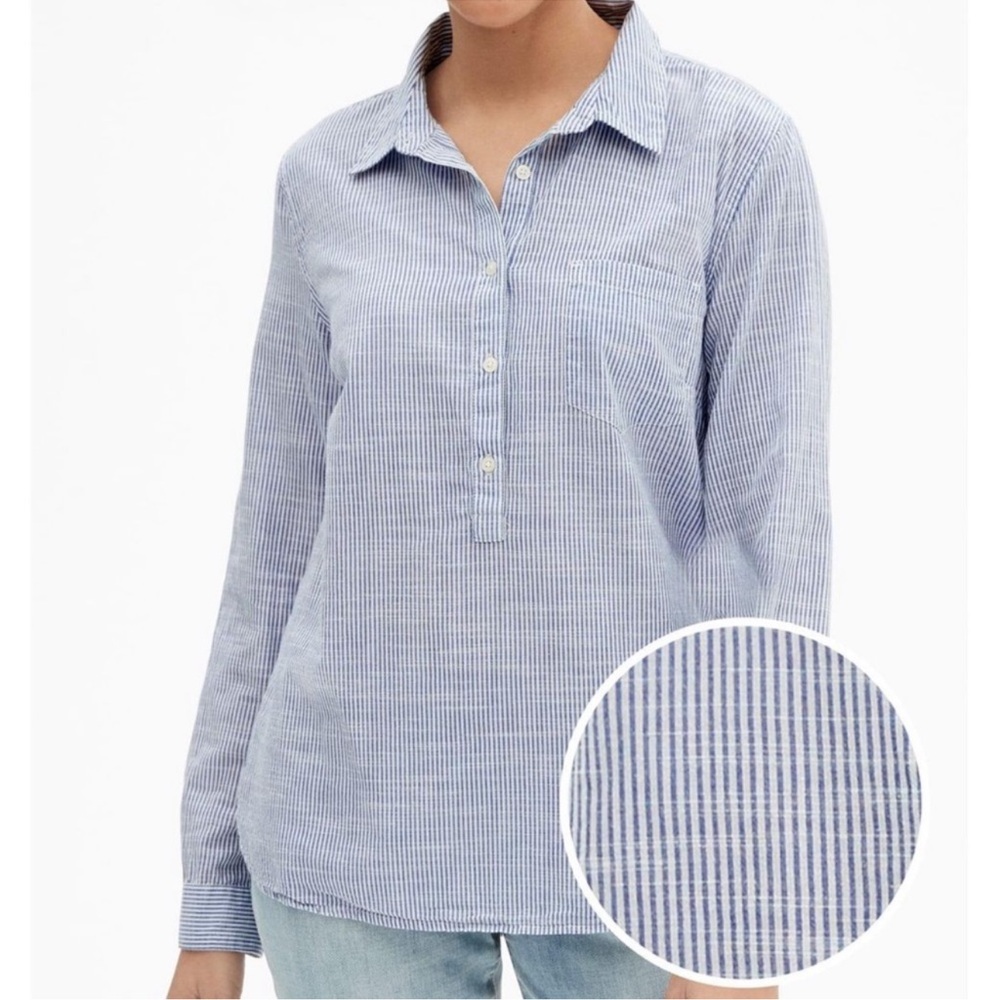 Gap Boyfriend Striped Popover Shirt, blue and white, collared, 1/4 button down